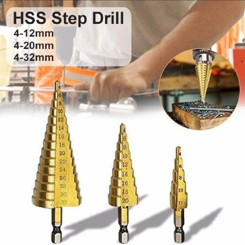 3-Piece HSS Step Drill Bit Set 3–20mm Titanium Coated Straight Groove Hole Cutter