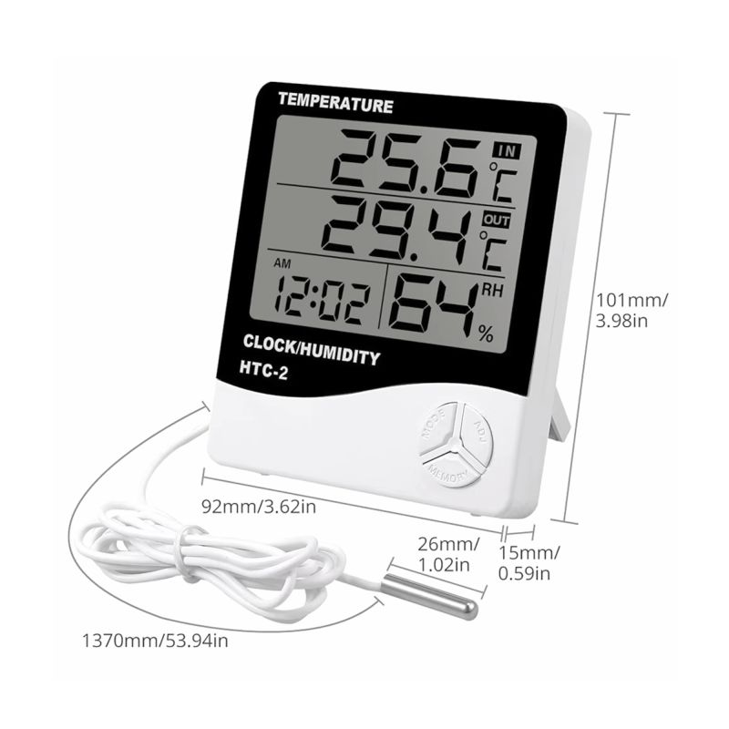 HTC-2 Digital Temperature Humidity Meter | Indoor Outdoor Thermometer Hygrometer with Clock