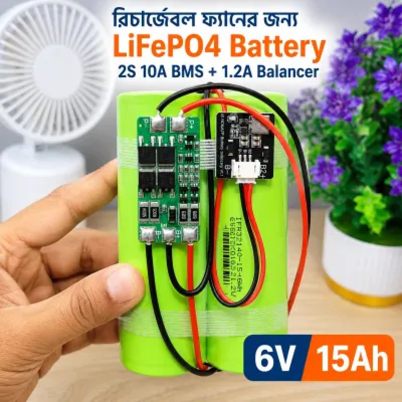 6V 15Ah LiFePO4 Battery Pack | 2S 32140 Cells with 10A Balance BMS & 1.2A Active Balancer